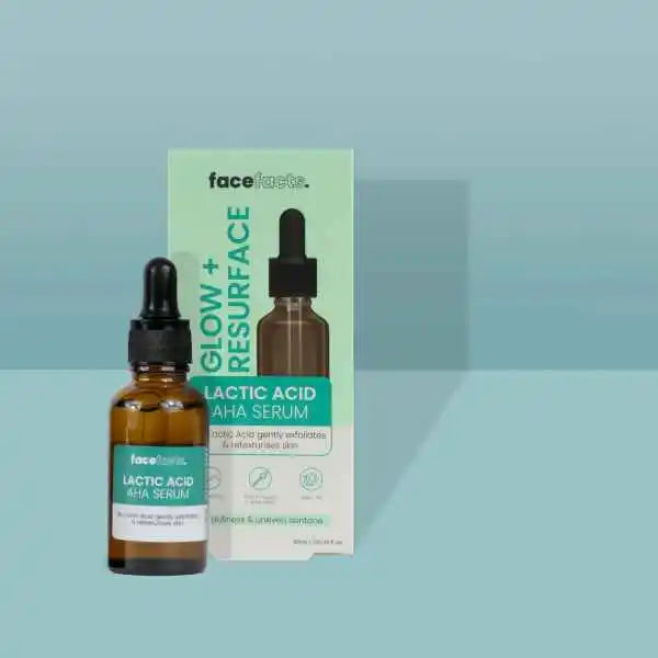 Face Facts Glow + Resurface Lactic Acid AHA Serum 30ml dropper bottle and mint green box — vegan gentle chemical exfoliant serum with Lactic Acid to retexturise and brighten dull and uneven skin