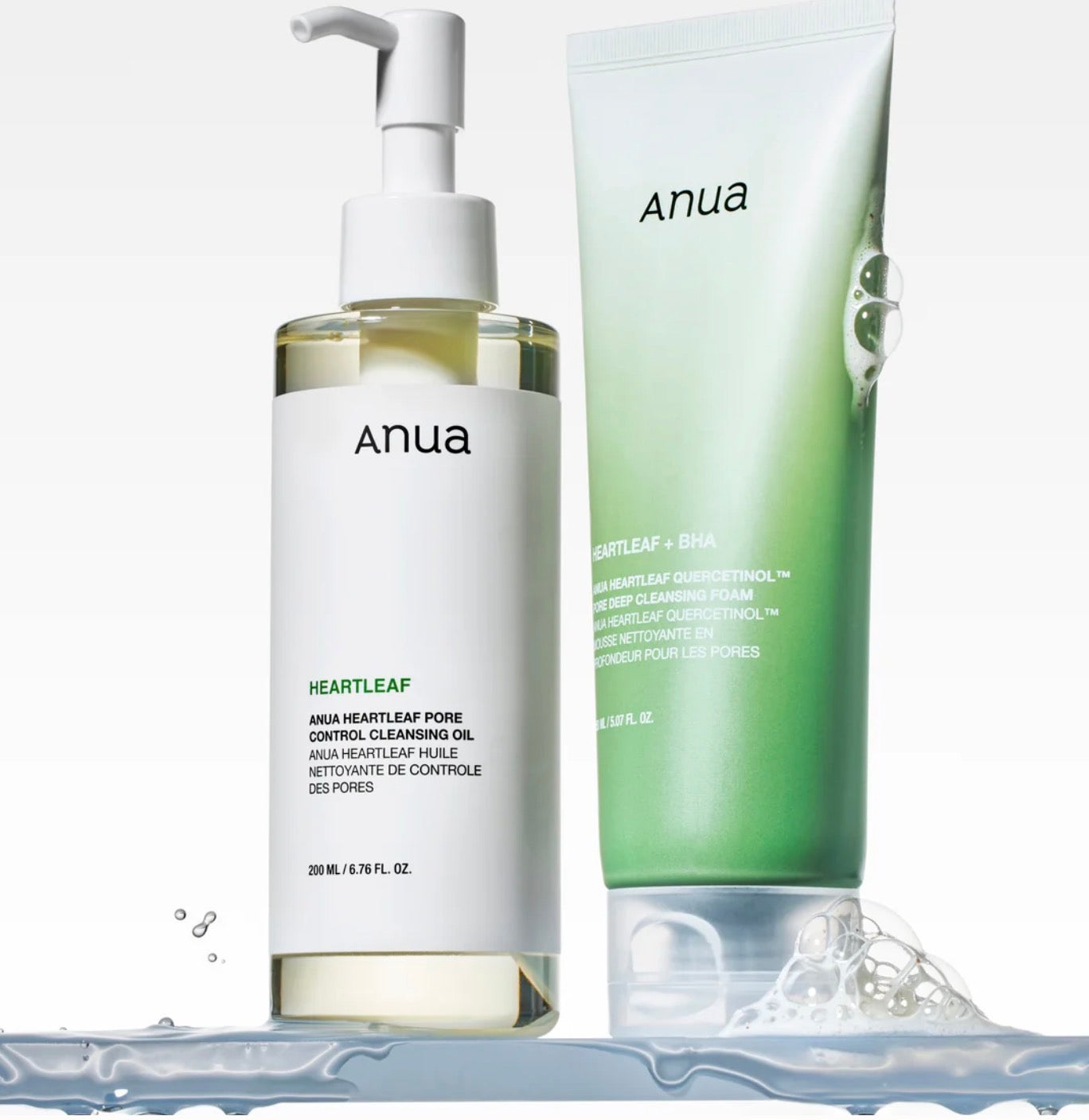 Anua Heartleaf Double Cleanse Duo — Pore Control Cleansing Oil 200ml and Quercetinol BHA Pore Deep Cleansing Foam 150ml Korean double cleanse set
