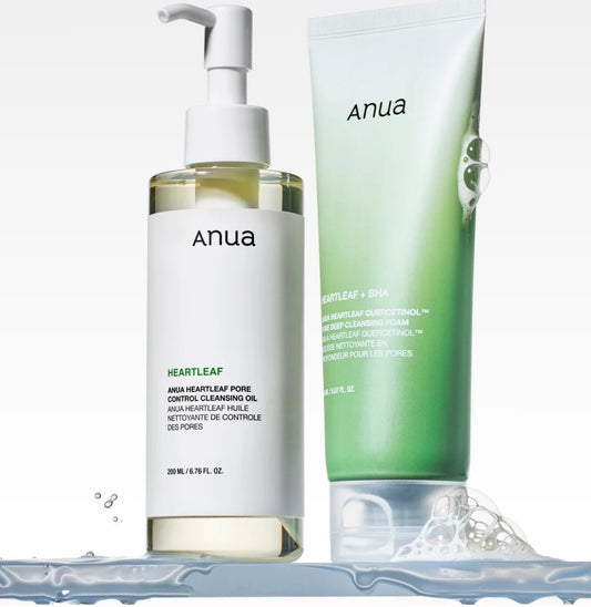 Anua Heartleaf Double Cleanse Duo — Pore Control Cleansing Oil 200ml and Quercetinol BHA Pore Deep Cleansing Foam 150ml Korean double cleanse set
