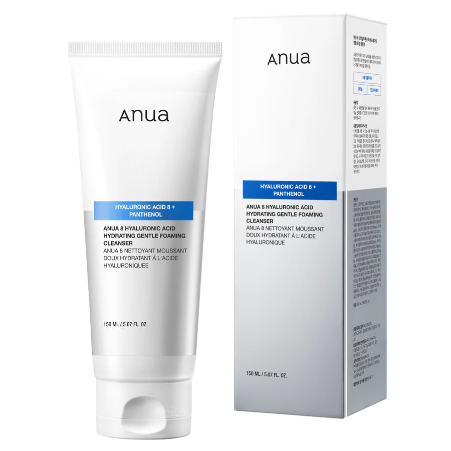 Anua 8 Hyaluronic Acid Hydrating Gentle Foaming Cleanser 150ml — Korean hydrating face wash with 8 types of hyaluronic acid and panthenol for soft, plump, non-stripped skin
