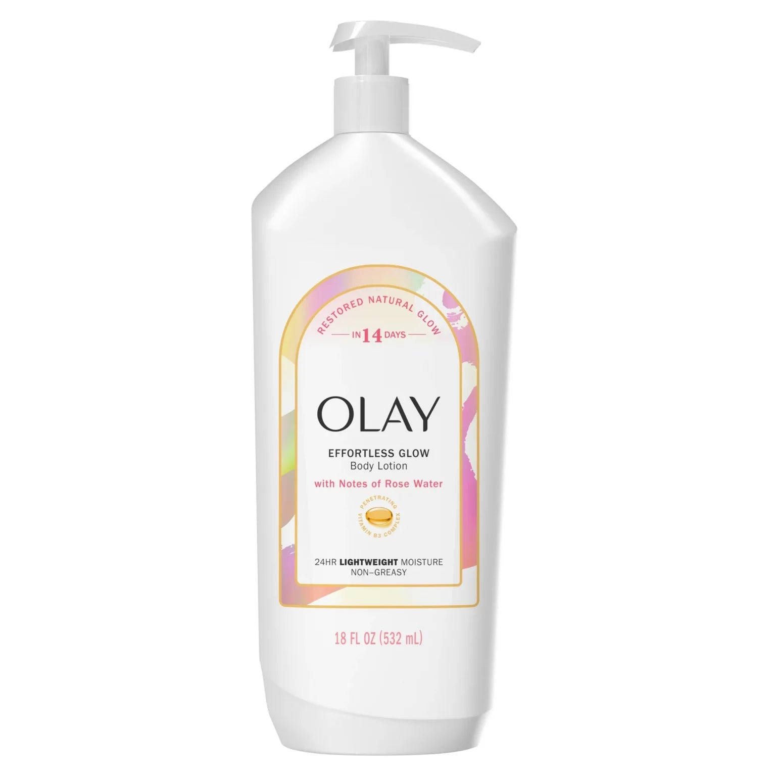 Olay Effortless Glow Body Lotion with Notes of Rose Water 532ml — 24HR non-greasy lightweight body moisturiser with Vitamin B3 Complex for restored natural glow in 14 days
