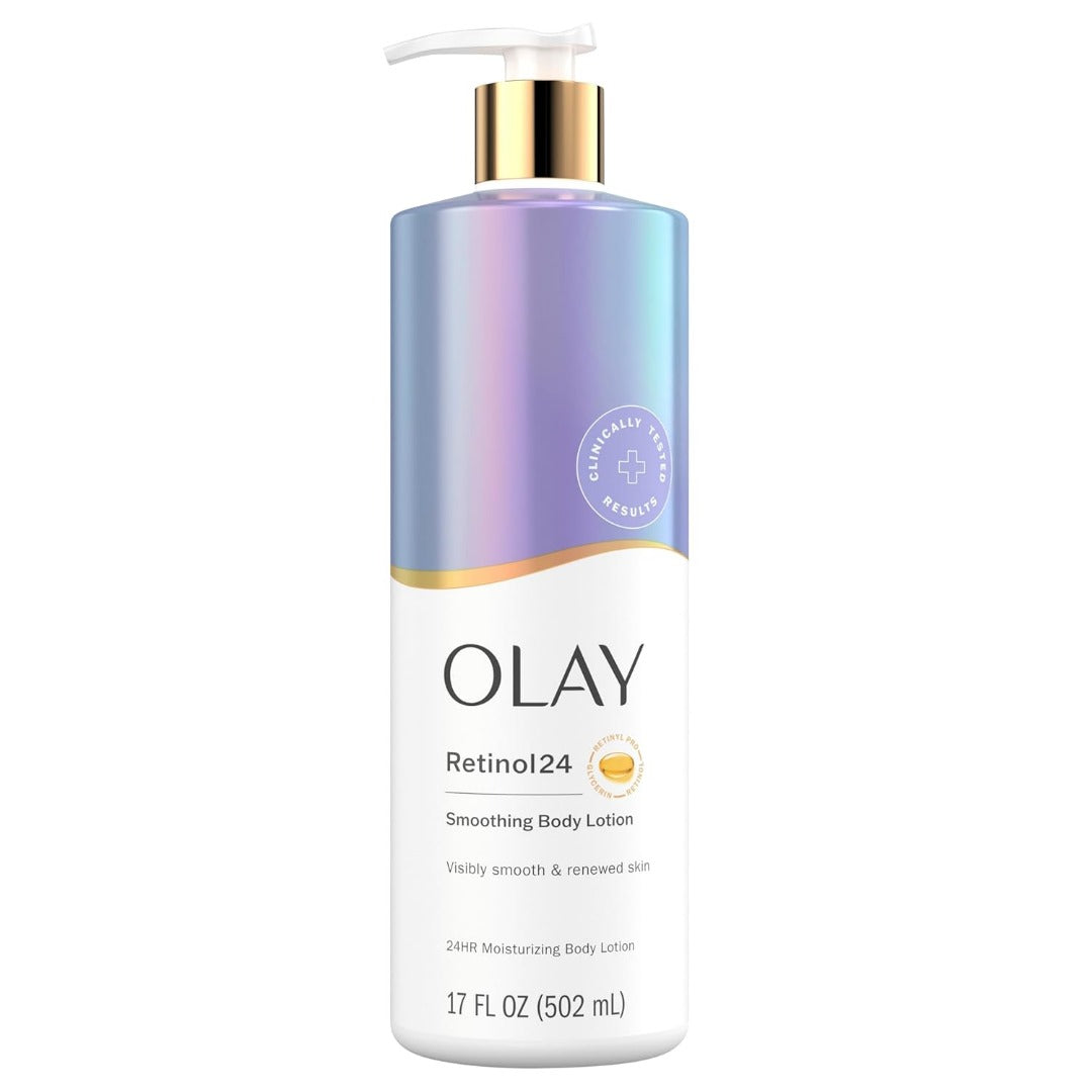 Olay Retinol24 Smoothing Body Lotion 502ml — clinically tested retinol and niacinamide body lotion for visibly smooth, renewed and moisturised skin