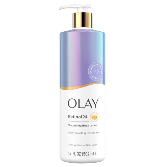 Olay Retinol24 Smoothing Body Lotion 502ml — clinically tested retinol and niacinamide body lotion for visibly smooth, renewed and moisturised skin