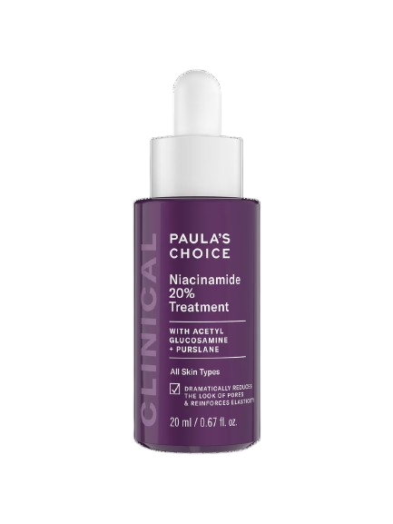 Paula's Choice Clinical Niacinamide 20% Treatment 20ml — high-strength niacinamide serum with Acetyl Glucosamine and Purslane for pore reduction, skin brightening and elasticity