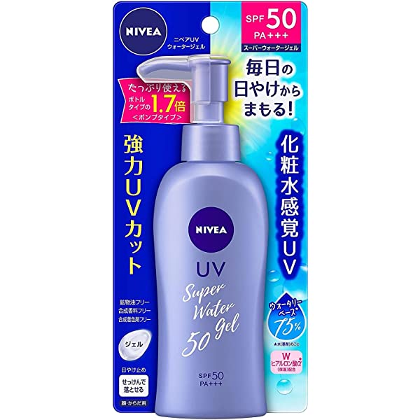 Nivea UV Super Water Gel SPF50 PA+++ 140g — Japanese lightweight sunscreen gel with 75% watery base and double hyaluronic acid, no white cast, fragrance-free