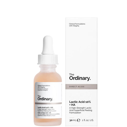 The Ordinary Lactic Acid 10% + HA 30ml — high-strength AHA lactic acid superficial peeling serum with hyaluronic acid for skin resurfacing, dark spot fading and radiance