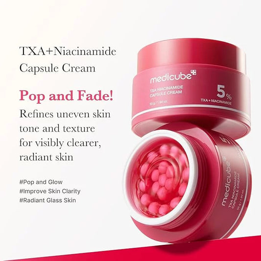 Medicube TXA Niacinamide Capsule Cream 5% 55g — Korean brightening capsule cream with Tranexamic Acid and Niacinamide for dark spot fading, even skin tone and radiant glass skin