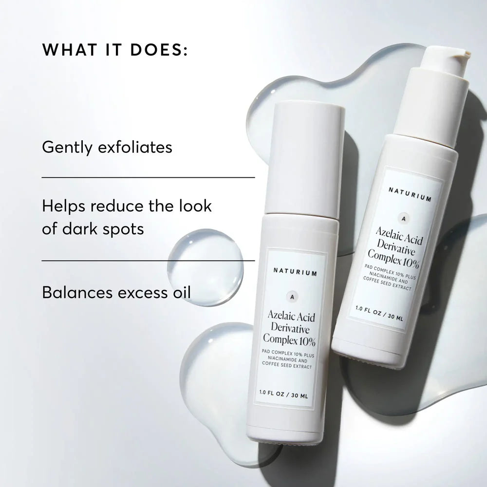Naturium Azelaic Acid Derivative Complex 10% Serum 30ml pump bottles — gentle next-generation clarifying serum with PAD Complex, Niacinamide and Coffee Seed Extract for dark spots and oil control

