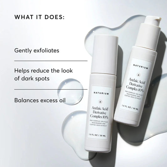 Naturium Azelaic Acid Derivative Complex 10% Serum 30ml pump bottles — gentle next-generation clarifying serum with PAD Complex, Niacinamide and Coffee Seed Extract for dark spots and oil control
