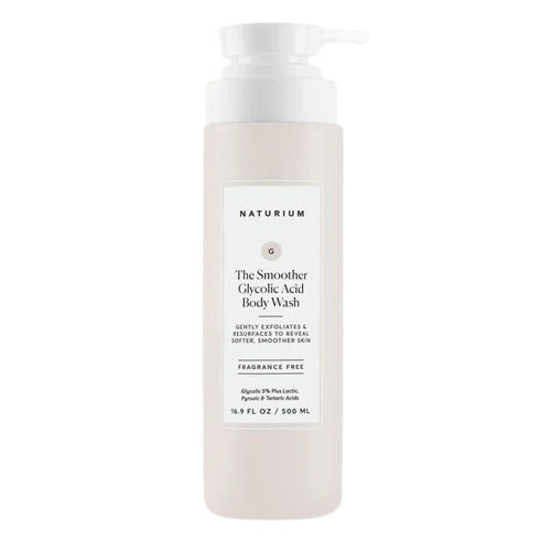 Naturium The Smoother Glycolic Acid Body Wash 500ml pump bottle — fragrance-free AHA exfoliating body wash with Glycolic 7%, Lactic, Pyruvic and Tartaric Acids for softer, smoother resurfaced skin