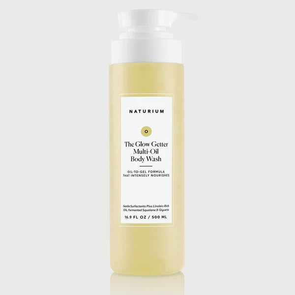 Naturium The Glow Getter Multi-Oil Body Wash 500ml pump bottle — oil-to-gel nourishing body wash with Linoleic-Rich Oils, Fermented Squalane and Glycerin for intensely soft and glowing skin
