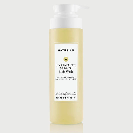 Naturium The Glow Getter Multi-Oil Body Wash 500ml pump bottle — oil-to-gel nourishing body wash with Linoleic-Rich Oils, Fermented Squalane and Glycerin for intensely soft and glowing skin
