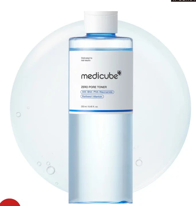 Medicube Zero Pore Toner 250ml — Korean multi-acid pore refining toner with AHA, BHA, PHA, Niacinamide, Panthenol and Allantoin for enlarged pores and smooth skin
