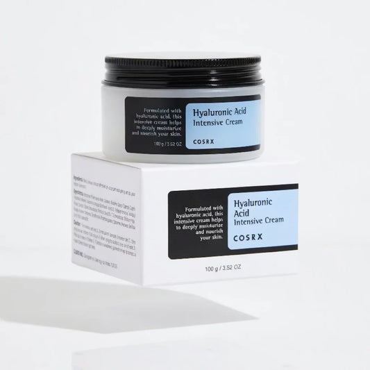 COSRX Hyaluronic Acid Intensive Cream 100g jar and box — K-Beauty deep moisturiser with Hyaluronic Acid that intensively hydrates, nourishes and plumps dry and dehydrated skin
