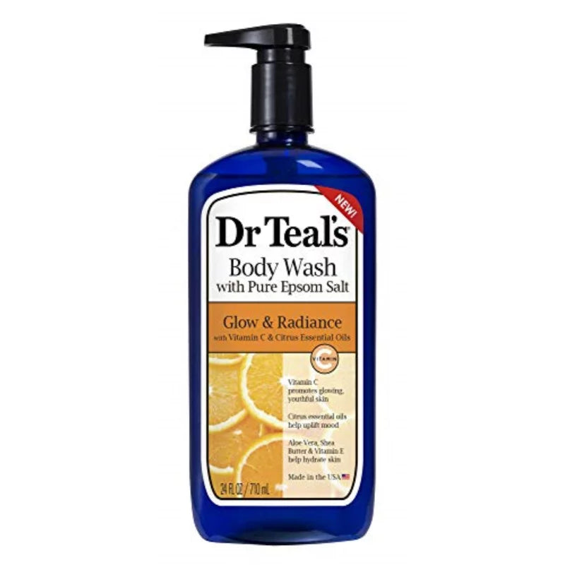 Dr Teal's Body Wash Glow & Radiance 710ml pump bottle — brightening Epsom Salt body wash with Vitamin C, Citrus Essential Oils, Aloe Vera, Shea Butter and Vitamin E for glowing youthful skin