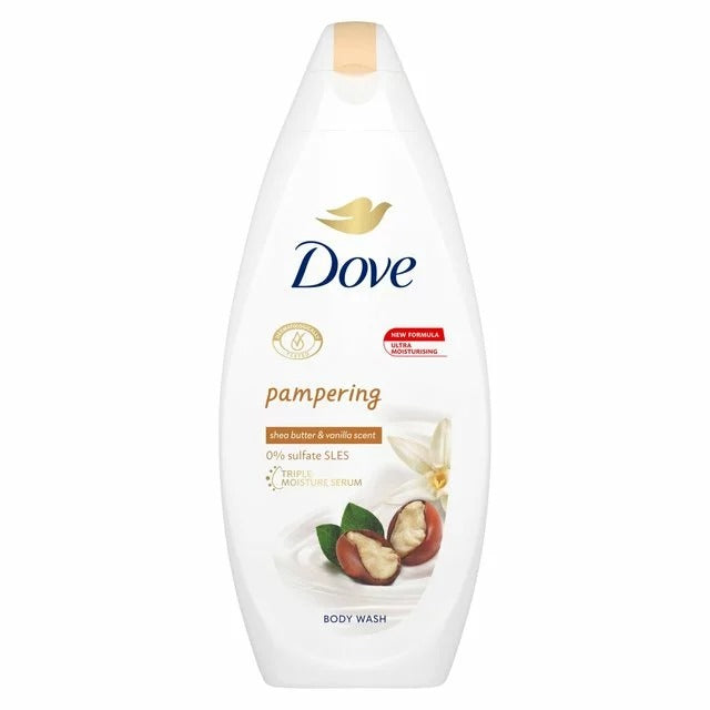 Dove Pampering Body Wash Shea Butter & Vanilla — ultra moisturising new formula with 0% Sulfate SLES and Triple Moisture Serum for deeply nourished, pampered skin
