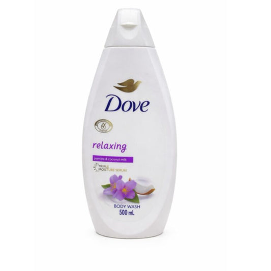 Dove Relaxing Body Wash Jasmine & Coconut Milk 500ml — calming moisturising body wash with Triple Moisture Serum for soft skin and a soothing jasmine-coconut shower experience
