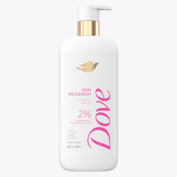Dove Skin Replenish Body Wash 547ml white and gold pump bottle — refining body wash with 2% Niacinamide & BHA Serum for smoother skin texture and replenished body skin
