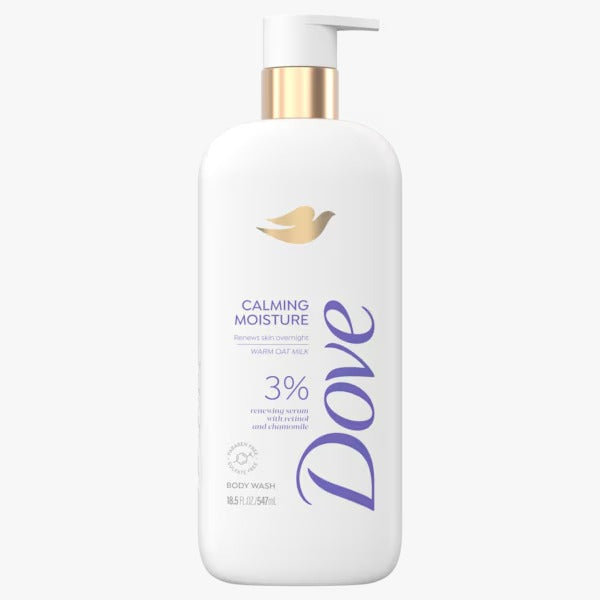 Dove Calming Moisture Body Wash 547ml white and gold pump bottle — 3% Renewing Serum with Retinol and Chamomile for overnight skin renewal with a warm oat milk scent
