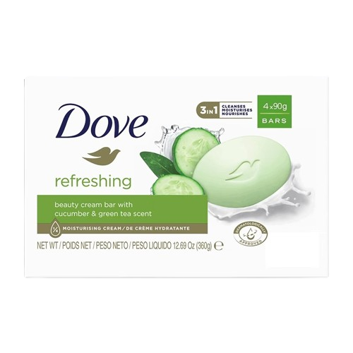 Dove Refreshing Beauty Cream Bar Cucumber & Green Tea 4×90g pack — dermatologist-approved 3-in-1 beauty bar that cleanses, moisturises and nourishes skin
