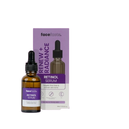 Face Facts Renew + Radiance Retinol Serum 30ml dropper bottle and box — anti-ageing Retinol serum for fine lines, uneven skin tone, and dry thirsty skin