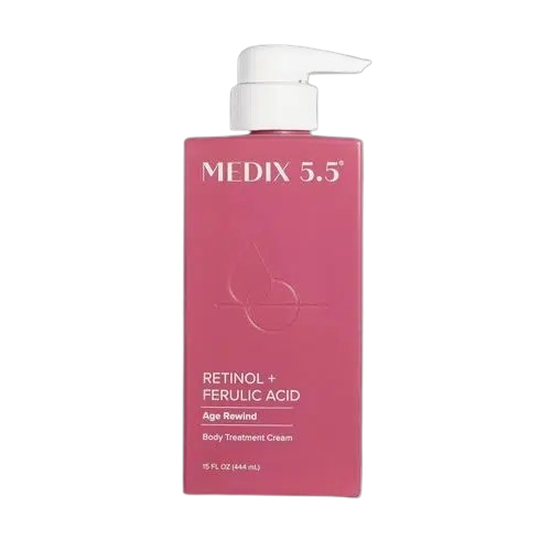 Medix 5.5 Retinol + Ferulic Acid Body Treatment Cream 444ml pink pump bottle — pH-balanced anti-ageing body cream with Retinol and Ferulic Acid for Age Rewind results on body skin
