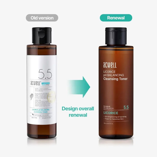 Acwell Licorice pH Balancing Cleansing Toner 150ml new packaging — amber bottle K-beauty cult brightening toner with Licorice Extract at pH 5.5 for skin brightening and hydrating sensitive skin
