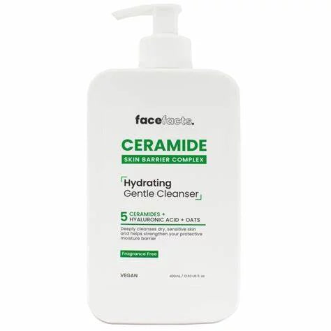 Face Facts Ceramide Hydrating Gentle Cleanser 400ml pump bottle — fragrance-free vegan face wash with 5 Ceramides, Hyaluronic Acid, and Oats for dry and sensitive skin