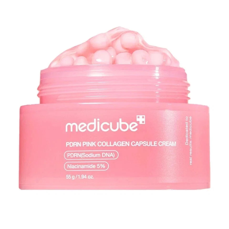 Medicube PDRN Pink Collagen Capsule Cream 55g — Korean PDRN and Niacinamide 5% capsule moisturiser with pink bead capsules for skin repair, brightening and plumping