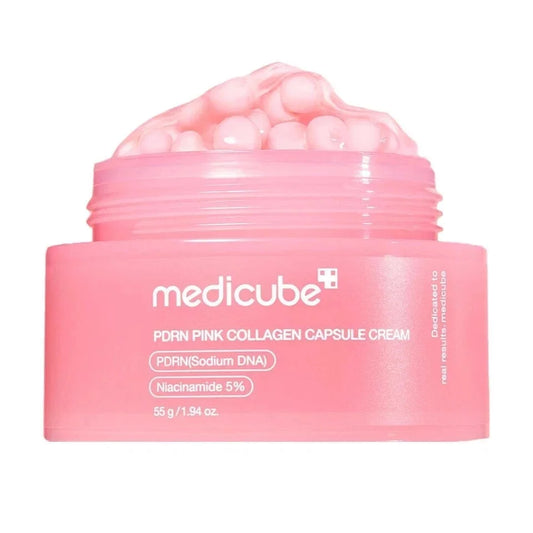 Medicube PDRN Pink Collagen Capsule Cream 55g — Korean PDRN and Niacinamide 5% capsule moisturiser with pink bead capsules for skin repair, brightening and plumping