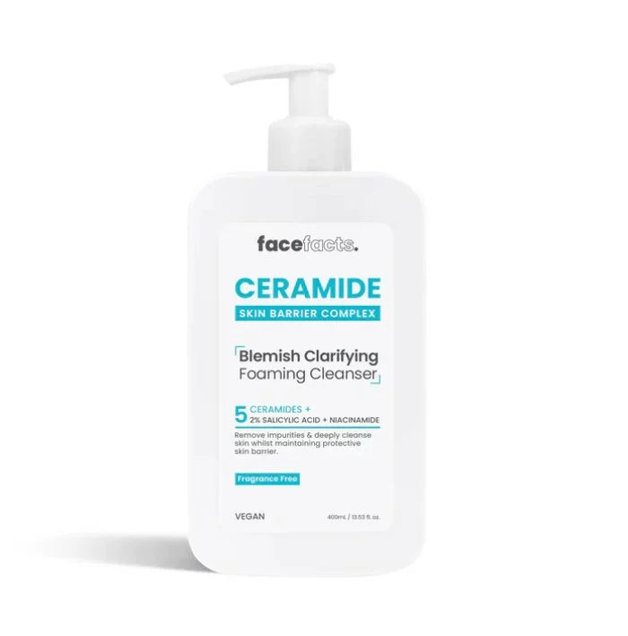 Face Facts Ceramide Blemish Clarifying Foaming Cleanser 400ml pump bottle — fragrance-free vegan face wash with 2% Salicylic Acid, 5 Ceramides, and Niacinamide for oily and blemish-prone skin
