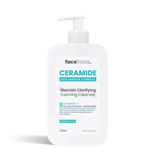 Face Facts Ceramide Blemish Clarifying Foaming Cleanser 400ml pump bottle — fragrance-free vegan face wash with 2% Salicylic Acid, 5 Ceramides, and Niacinamide for oily and blemish-prone skin
