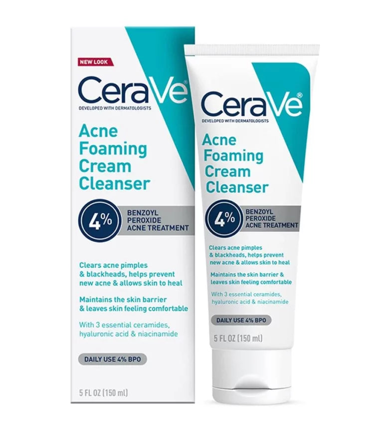 CeraVe Acne Foaming Cream Cleanser 4% Benzoyl Peroxide 150ml tube and box — daily-use BPO acne cleanser with 3 Ceramides, Niacinamide and Hyaluronic Acid that clears acne and maintains skin barrier
