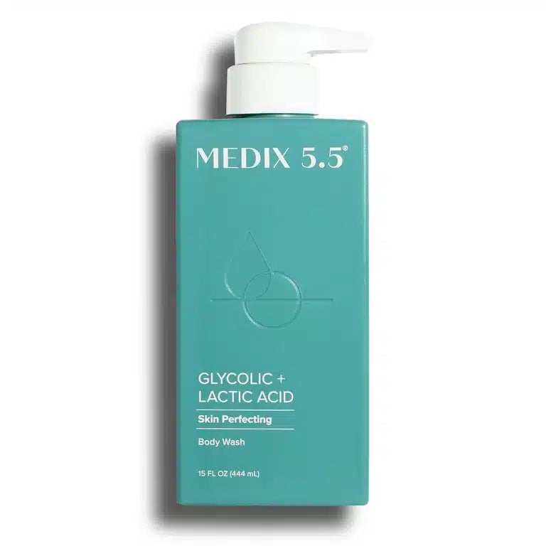 Medix 5.5 Glycolic + Lactic Acid Body Wash 444ml teal pump bottle — pH-balanced AHA body wash with Glycolic and Lactic Acid for skin-perfecting exfoliation and brightening
