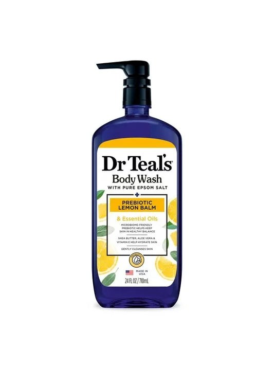 Dr Teal's Body Wash Prebiotic Lemon Balm 710ml blue pump bottle — microbiome-friendly Epsom Salt body wash with Prebiotic Lemon Balm, Shea Butter, Aloe Vera and Vitamin E