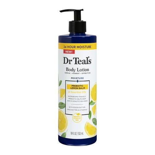 Dr Teal's Body Lotion Prebiotic Lemon Balm 532ml pump bottle — microbiome-friendly 24-hour moisturiser with Prebiotic Lemon Balm, Cocoa Butter, Shea Butter and Vitamin E for nourished balanced skin