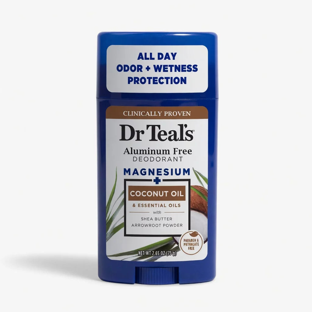 Dr Teal's Aluminum Free Deodorant Magnesium & Coconut Oil 75g stick — clinically proven natural deodorant with Coconut Oil, Shea Butter and Arrowroot Powder for all-day odour and wetness protection
