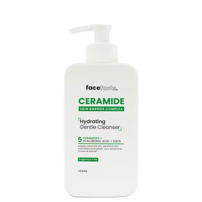Face Facts Ceramide Hydrating Gentle Cleanser 200ml pump bottle — fragrance-free vegan face wash with 5 Ceramides, Hyaluronic Acid, and Oats for dry and sensitive skin