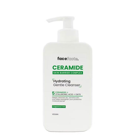 Face Facts Ceramide Hydrating Gentle Cleanser 200ml pump bottle — fragrance-free vegan face wash with 5 Ceramides, Hyaluronic Acid, and Oats for dry and sensitive skin