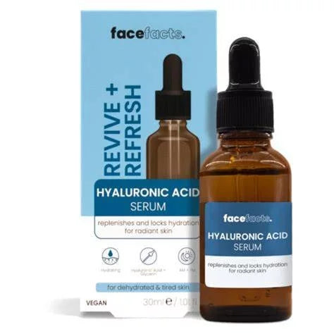 Face Facts Revive + Refresh Hyaluronic Acid Serum 30ml dropper bottle and box — vegan hydrating serum with Hyaluronic Acid and Glycerin to replenish moisture and restore radiance for dehydrated and tired skin
