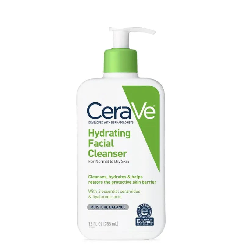 CeraVe Hydrating Facial Cleanser 355ml green pump bottle — NEA accepted face wash with 3 Essential Ceramides and Hyaluronic Acid that cleanses, hydrates and restores the skin barrier