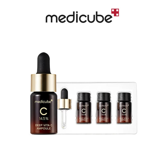 Medicube Deep Vita C Ampoule 14.5% set — high-concentration pure Vitamin C brightening ampoule with 1 main bottle and 3 mini ampoules for dark spots and radiant skin
