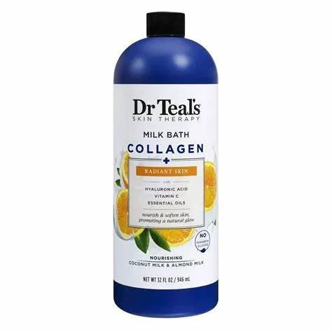 Dr Teal's Collagen Milk Bath Radiant Skin 946ml bottle — glow-boosting bath soak with Collagen, Hyaluronic Acid, Vitamin C, Coconut Milk and Almond Milk for nourished and radiant skin
