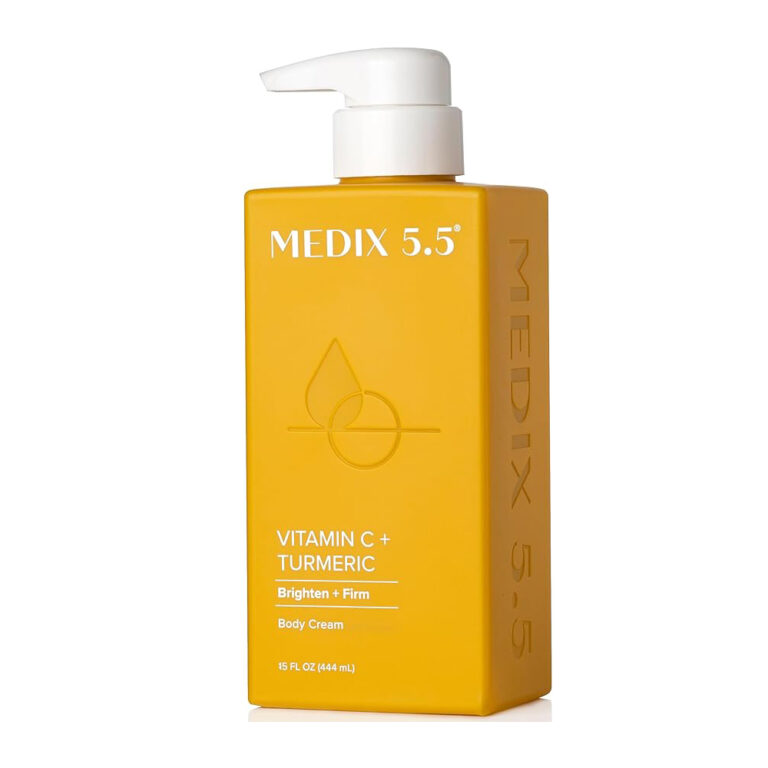 Medix 5.5 Vitamin C + Turmeric Body Cream 444ml golden yellow pump bottle — pH-balanced brightening body cream with Vitamin C and Turmeric to brighten, even skin tone and firm body skin