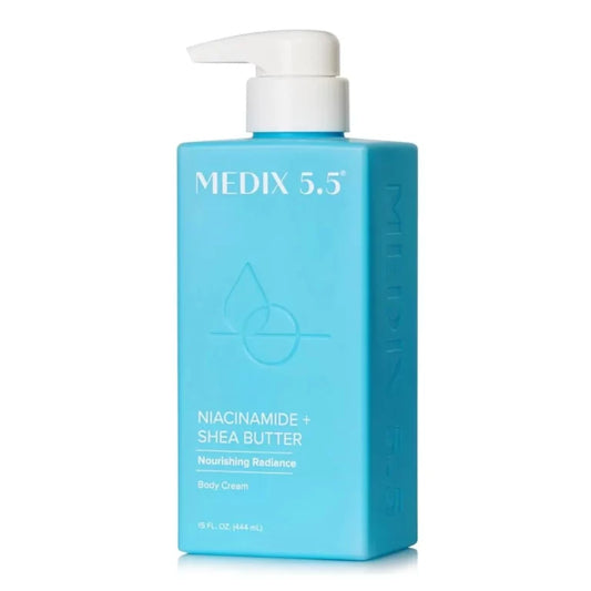 Medix 5.5 Niacinamide + Shea Butter Body Cream 444ml sky-blue pump bottle — pH-balanced body cream with Niacinamide and Shea Butter for nourishing radiance and even skin tone