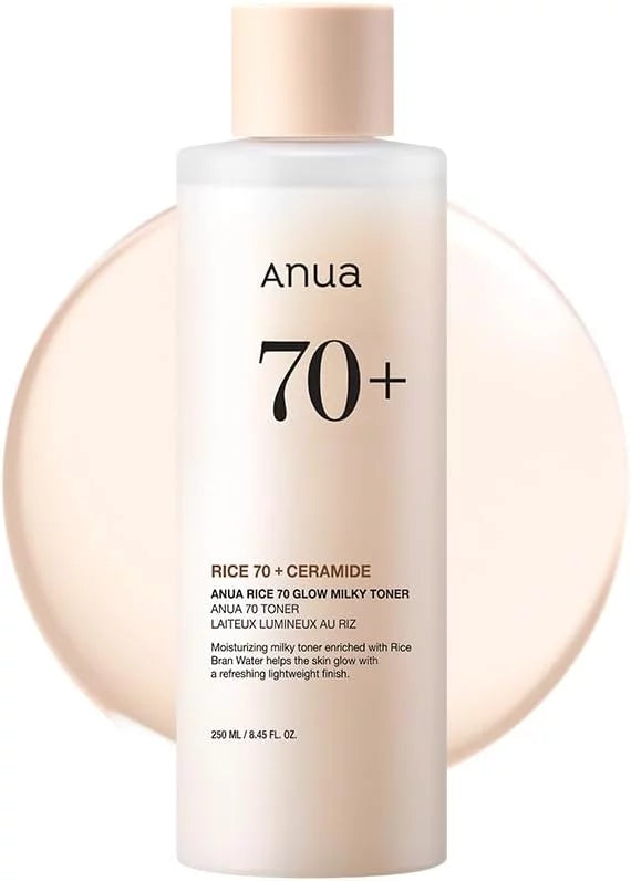 Anua Rice 70 Glow Milky Toner 250ml — Korean milky toner with 70% rice bran water and ceramide for deep moisturisation, brightening and natural skin glow
