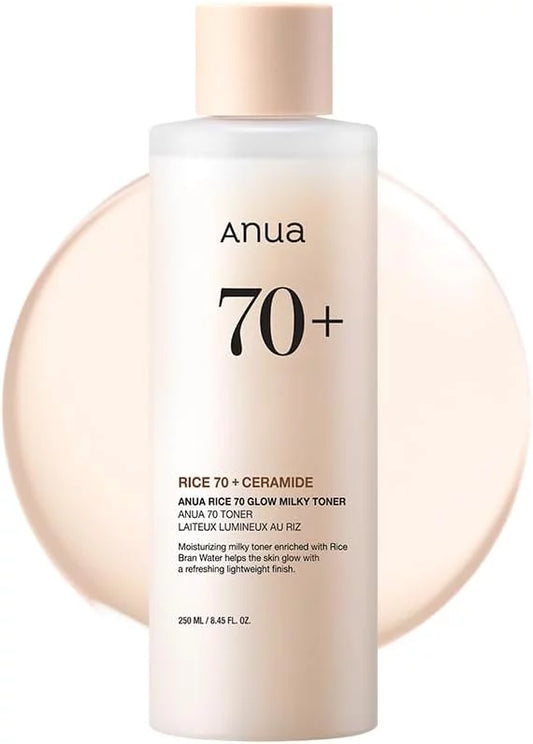 Anua Rice 70 Glow Milky Toner 250ml — Korean milky toner with 70% rice bran water and ceramide for deep moisturisation, brightening and natural skin glow
