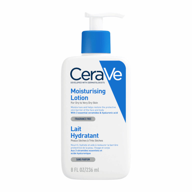 CeraVe Moisturising Lotion 236ml pump bottle — fragrance-free dermatologist-recommended lotion with 3 Essential Ceramides and Hyaluronic Acid for dry to very dry face and body skin

