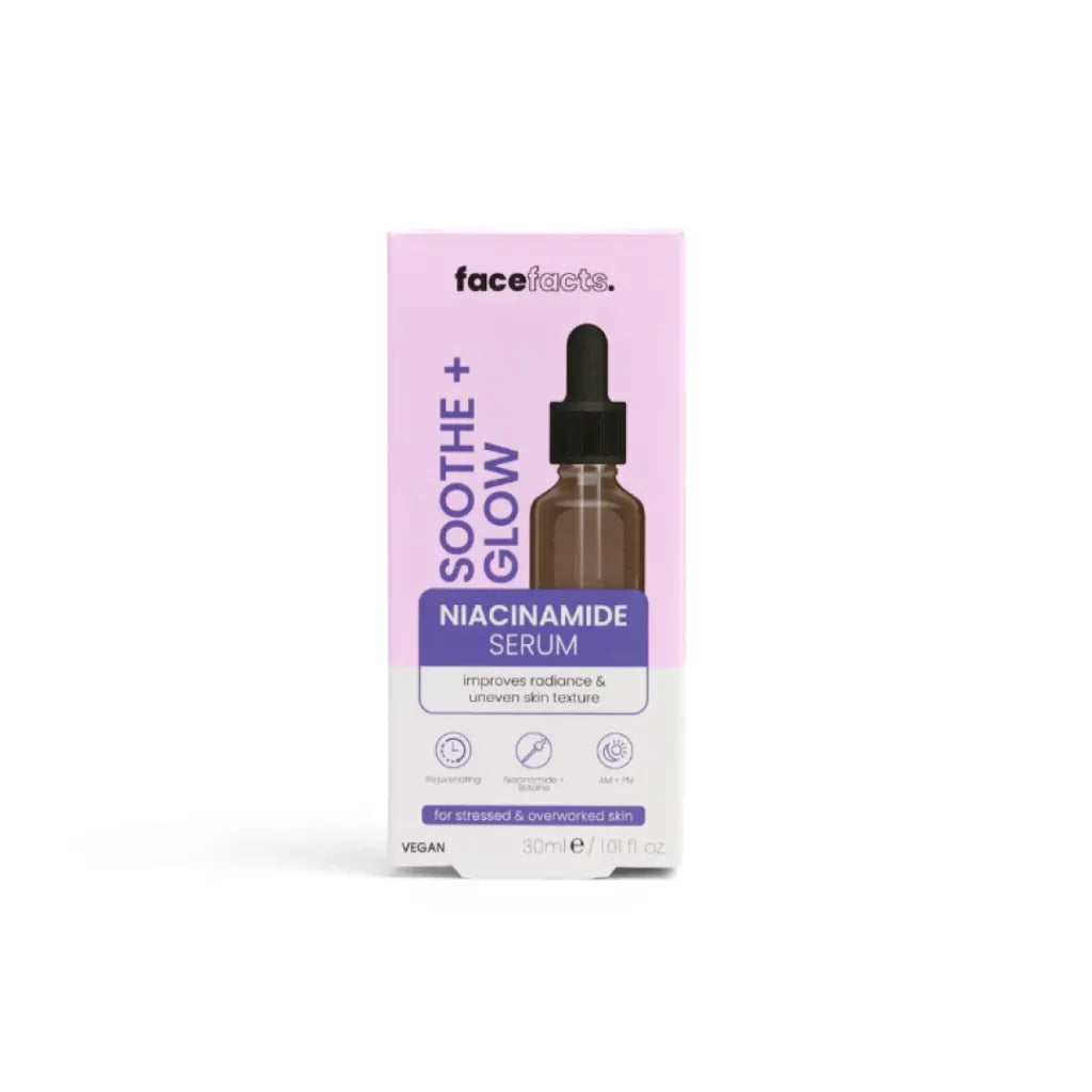 Face Facts Soothe + Glow Niacinamide Serum 30ml dropper bottle and pink-purple box — vegan brightening serum with Niacinamide and Betaine to improve radiance and smooth uneven skin texture for stressed and overworked skin
