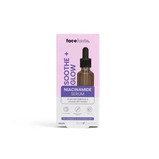 Face Facts Soothe + Glow Niacinamide Serum 30ml dropper bottle and pink-purple box — vegan brightening serum with Niacinamide and Betaine to improve radiance and smooth uneven skin texture for stressed and overworked skin
